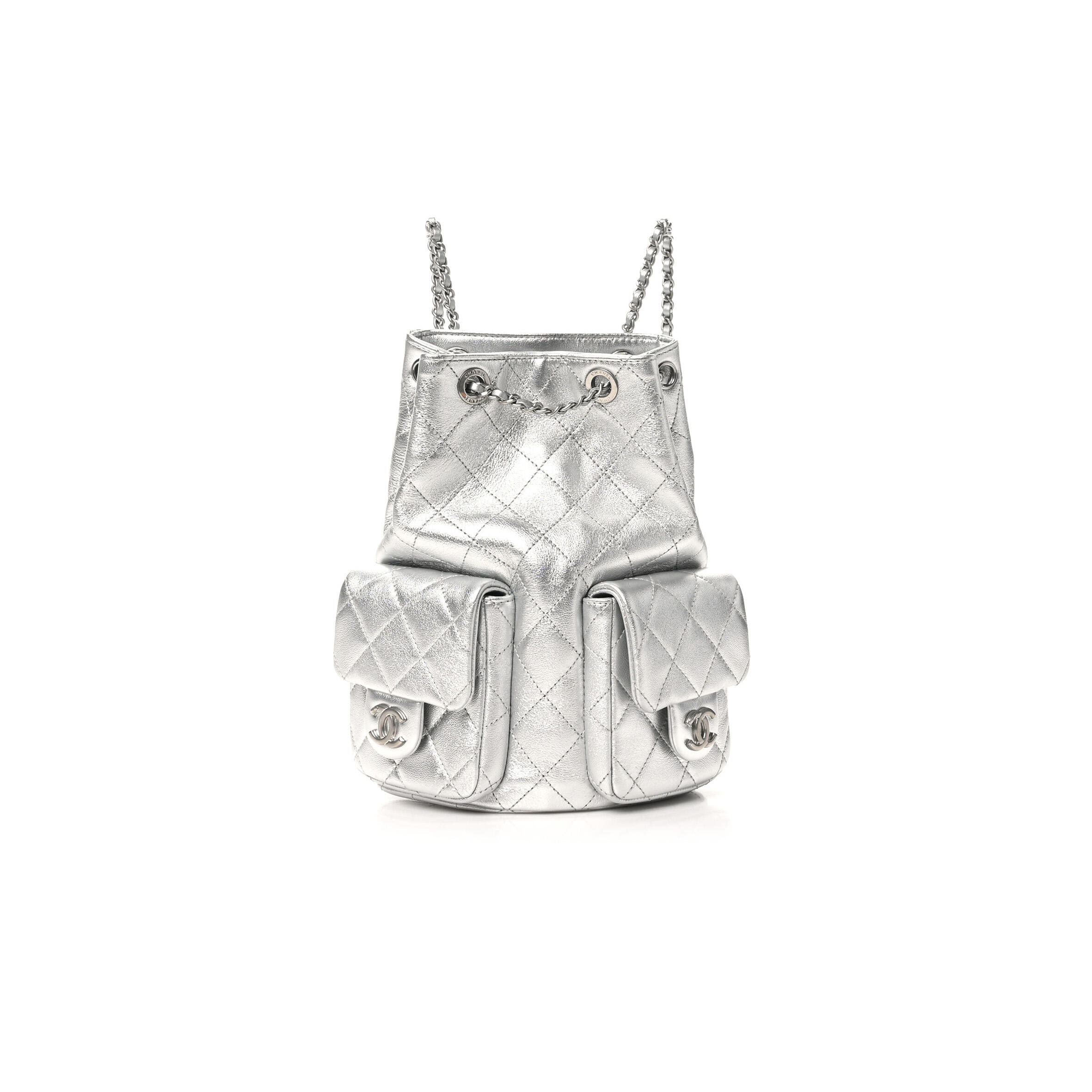 CHANEL METALLIC LAMBSKIN QUILTED DOUBLE POCKET BACKPACK SILVERY AS5310 (24*18*8cm)